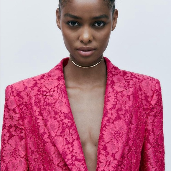 ZARA Tailored Lace Floral Blazer | Fuchsia | M - Picture 9 of 15